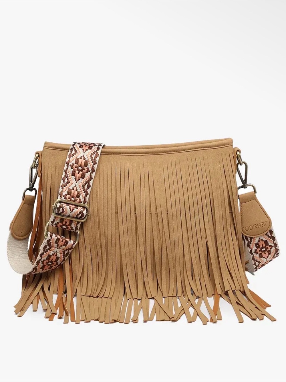 Sadie Suede Fringed Crossbody Bag with Patterned Strap - Tan